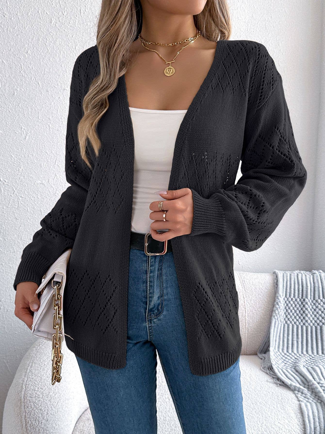 Black Open Front Pointelle Knit Cardigan Top