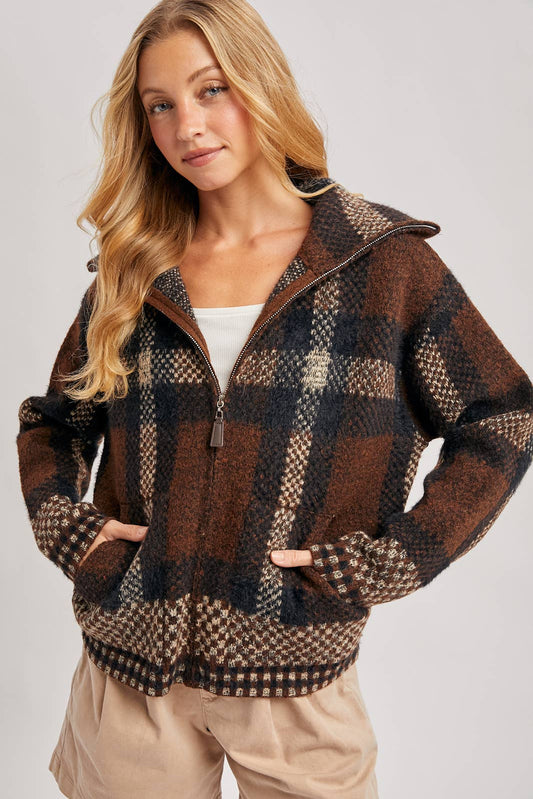 Plaid fuzzy knit sweater jacket