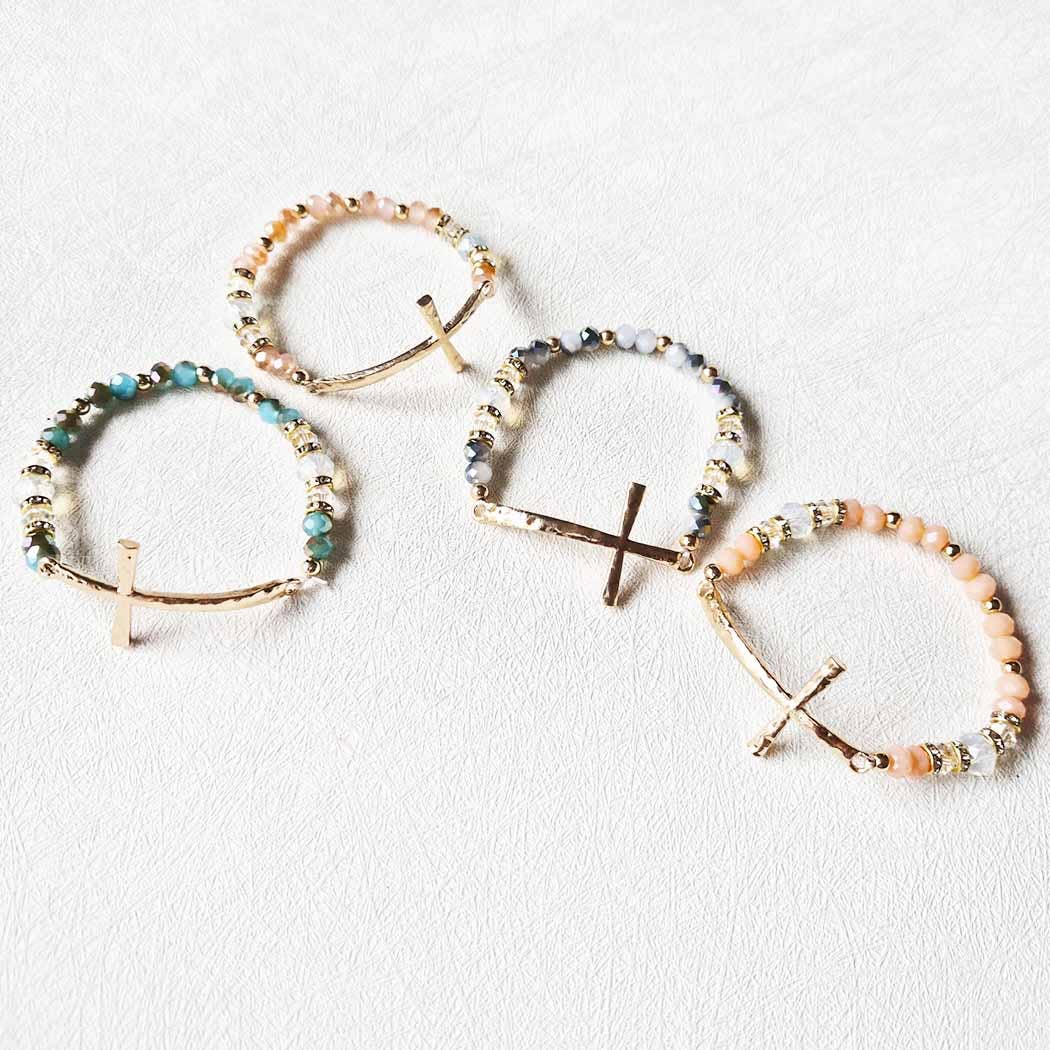 Hammered Cross Bead Stretch Bracelet