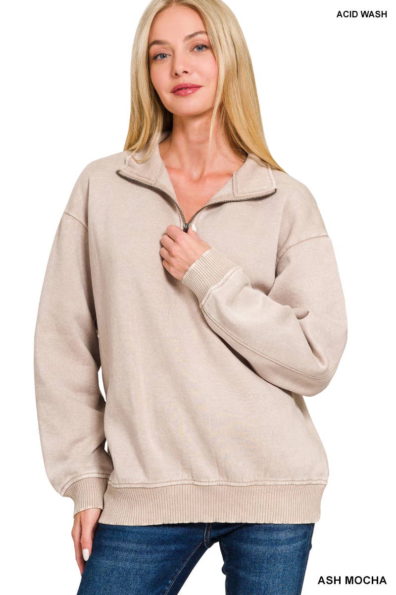 Acid Wash Fleece Half Zip Pullover Zenana