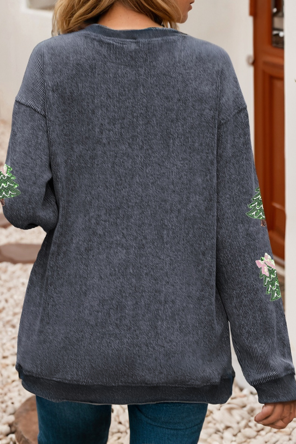 Ribbed Sequin Tree Patched Sweatshirt