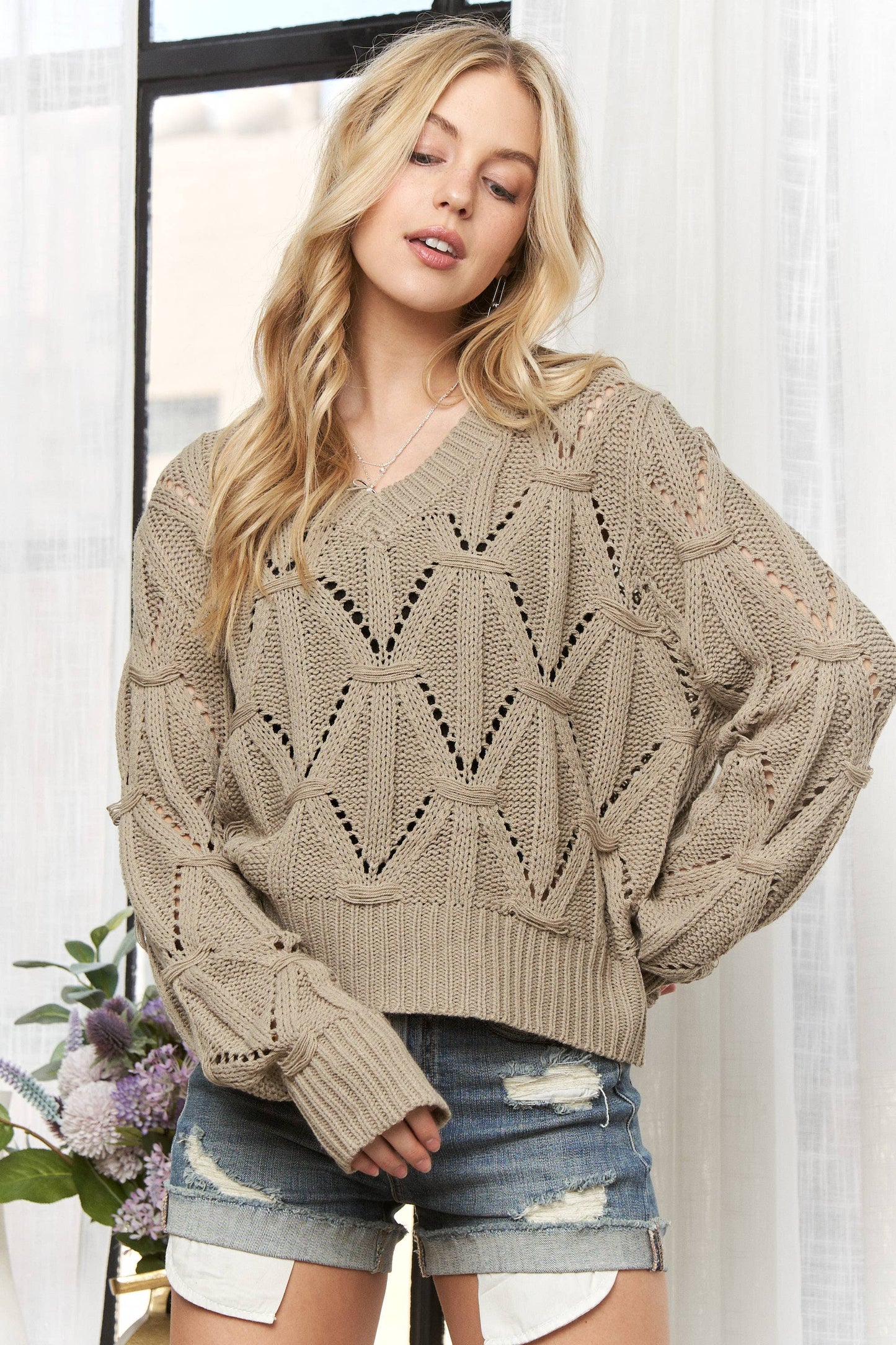 Khaki textured knit sweater