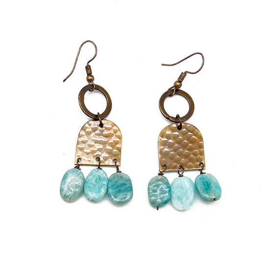 Antique Brass Hoop & Amazonite Cluster Earrings