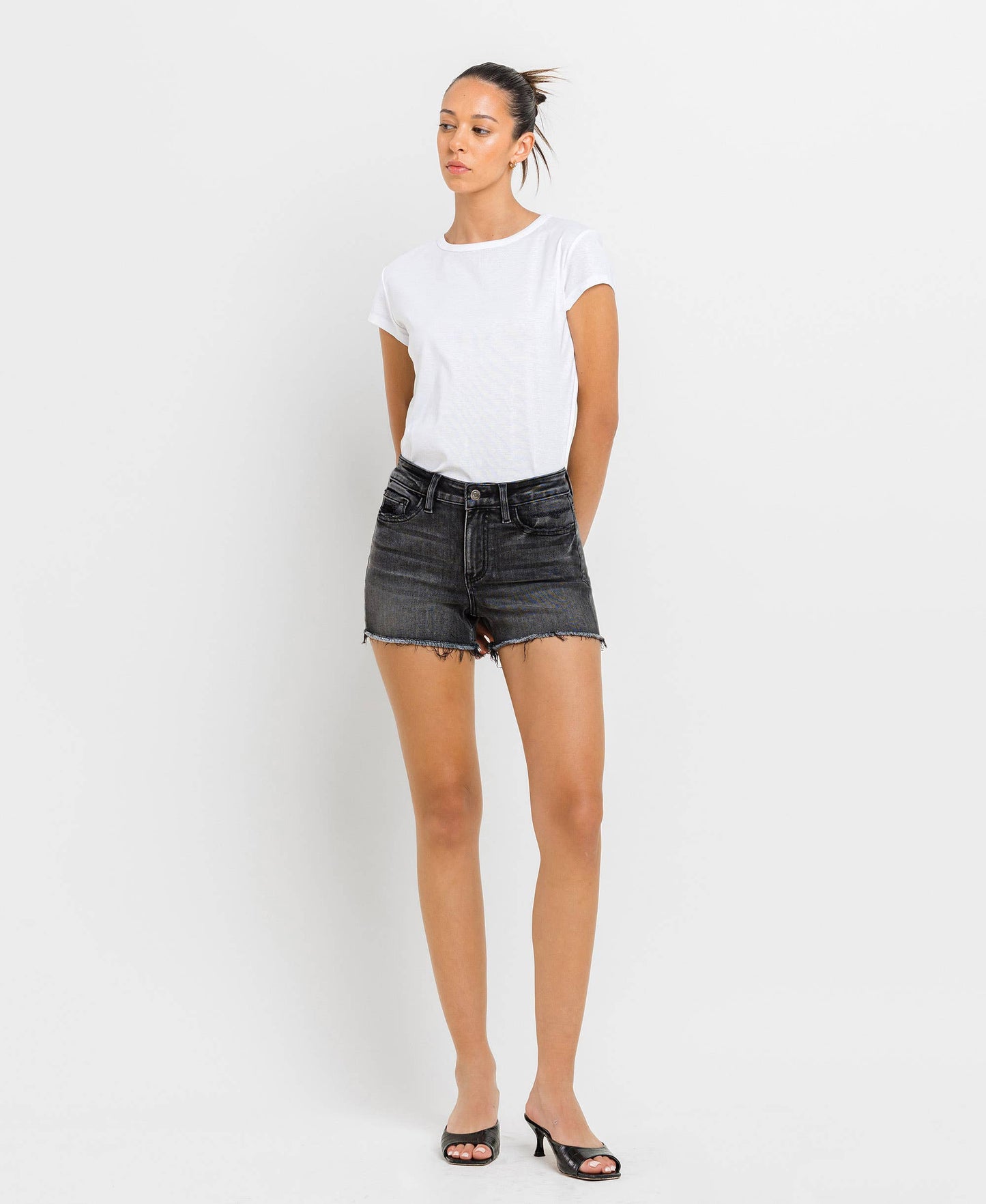 High Rise Raw Hem Vervet Shorts