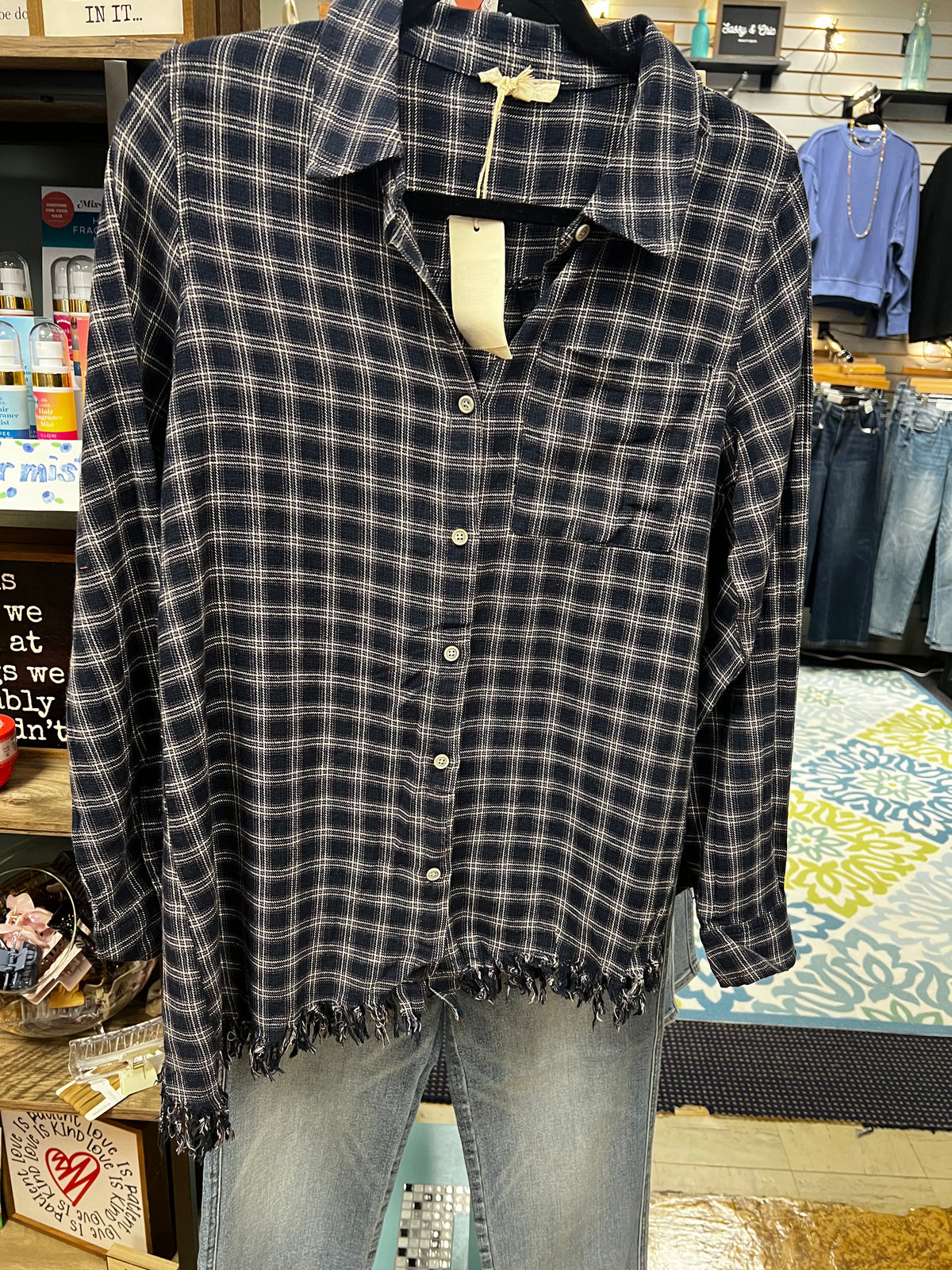 Raw edge plaid button down top