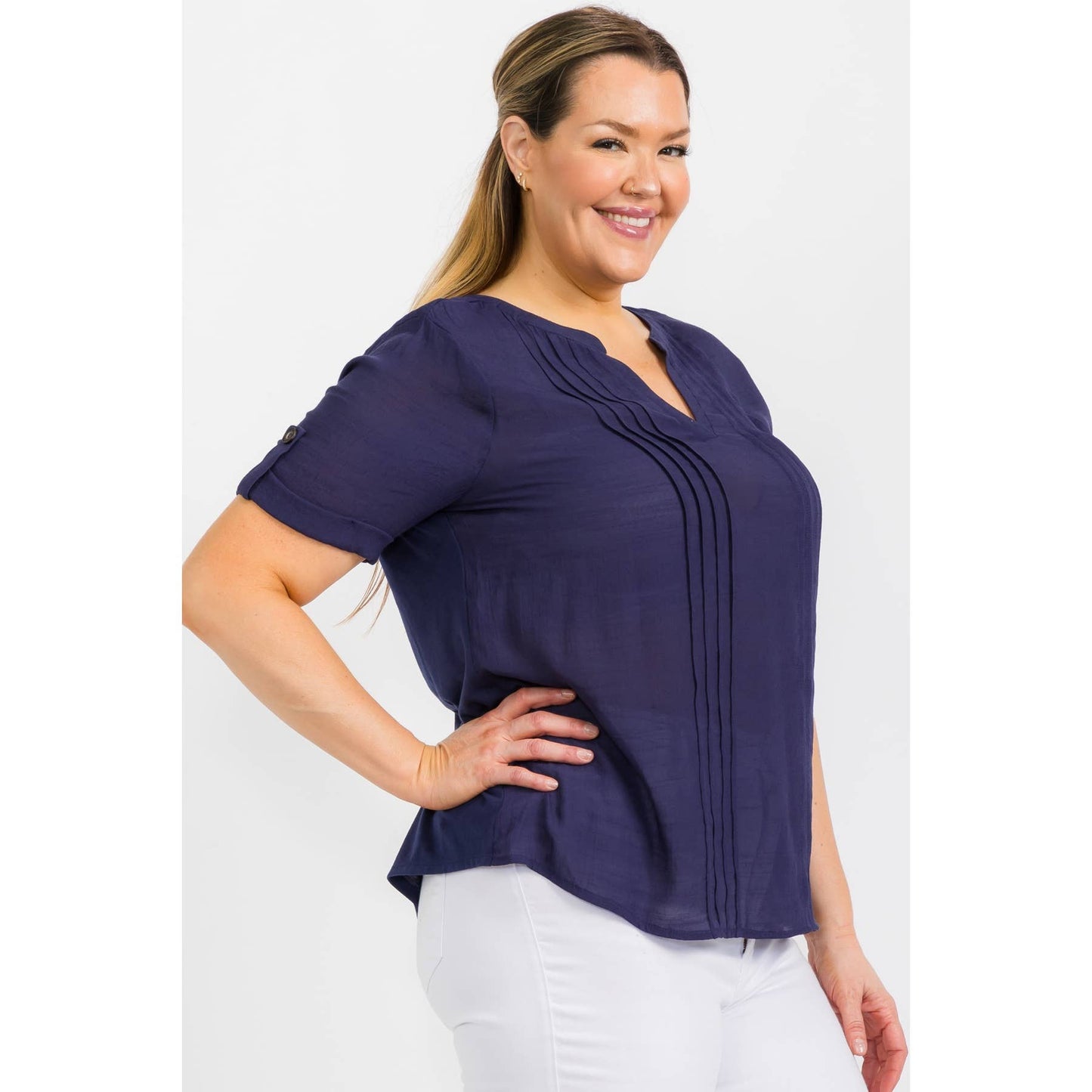 Plus- Navy pintuck top