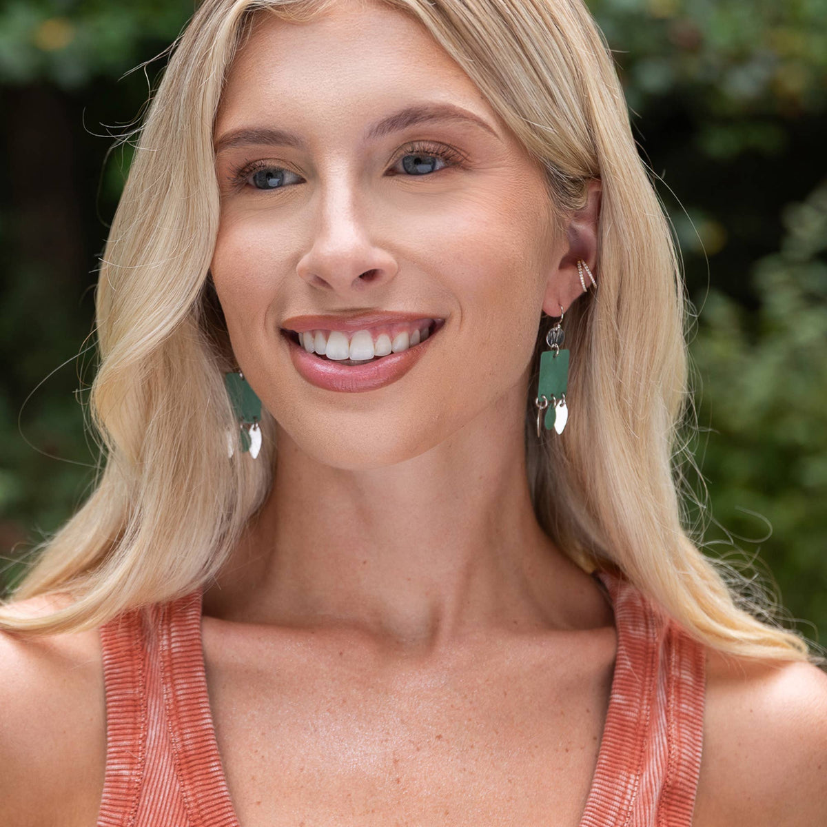 Green Patina Rectangle Leaf Dangle Earrings