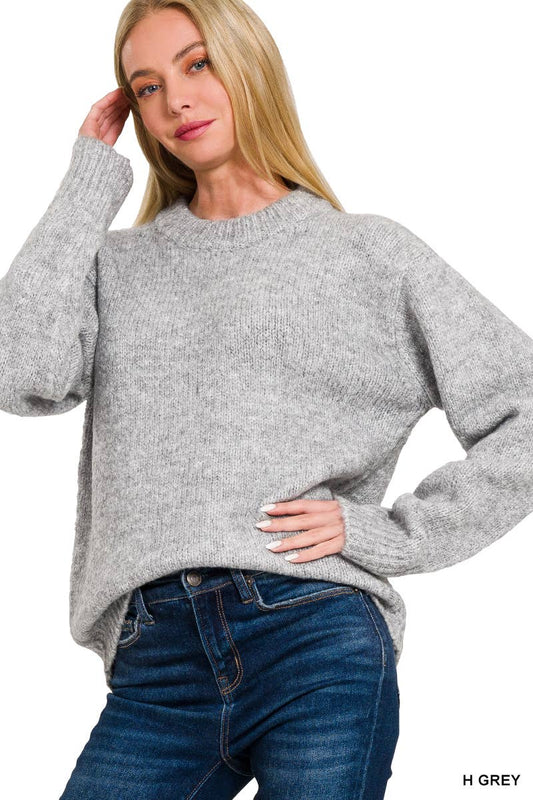 Grey Round Neck Long Sleeve Sweater