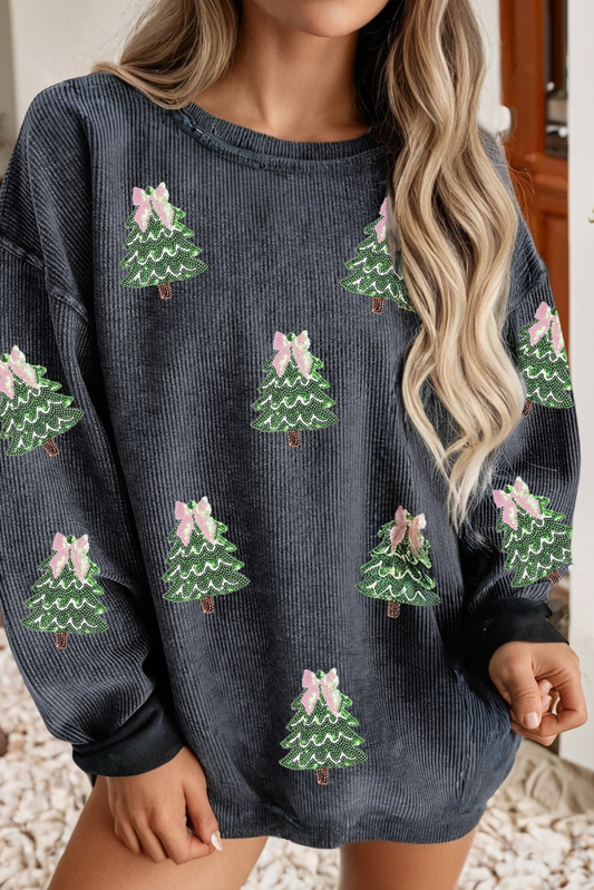 Ribbed Sequin Tree Patched Sweatshirt