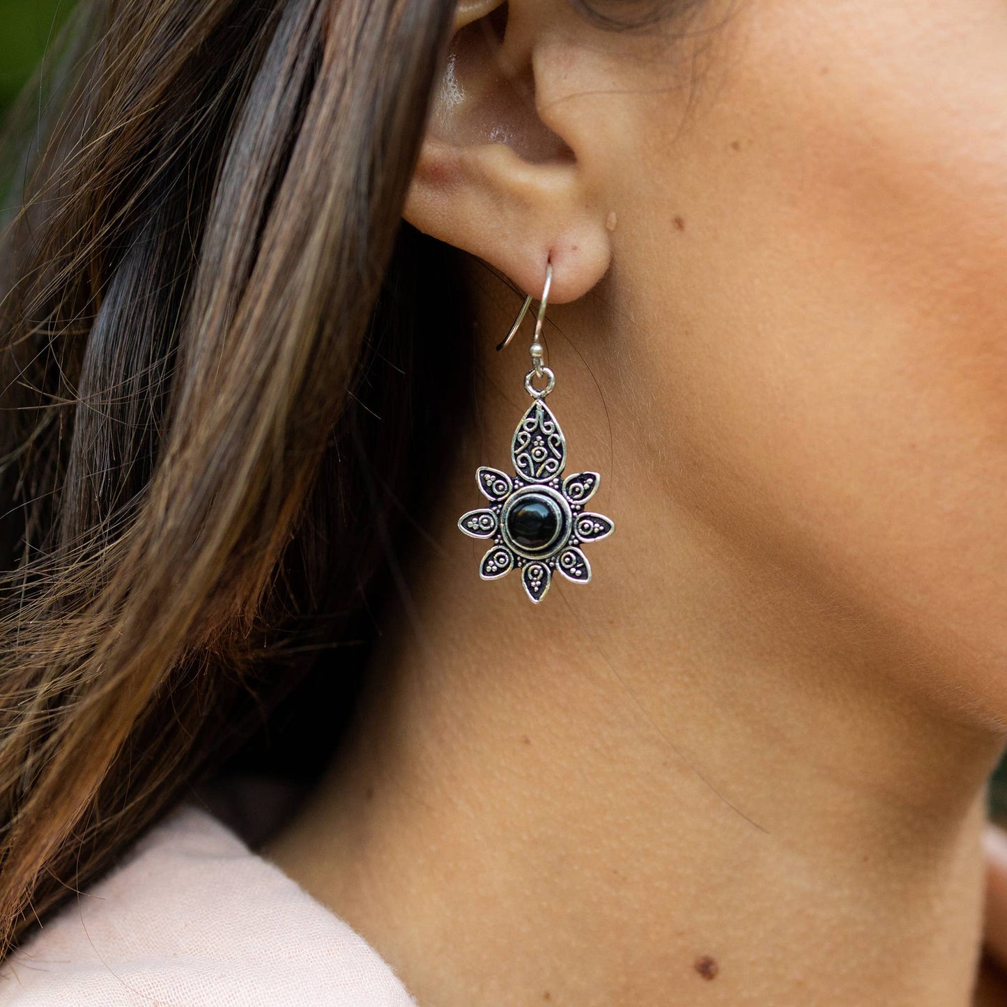 Silver Dark Petal Frame with Black Onyx Earrings