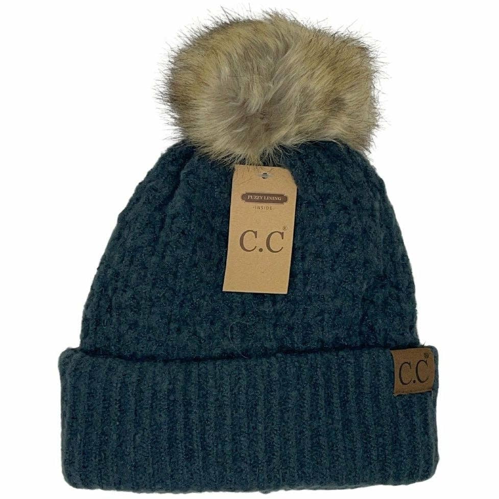 Solid Smocked Stitch Fur Pom C.C Beanie hat
