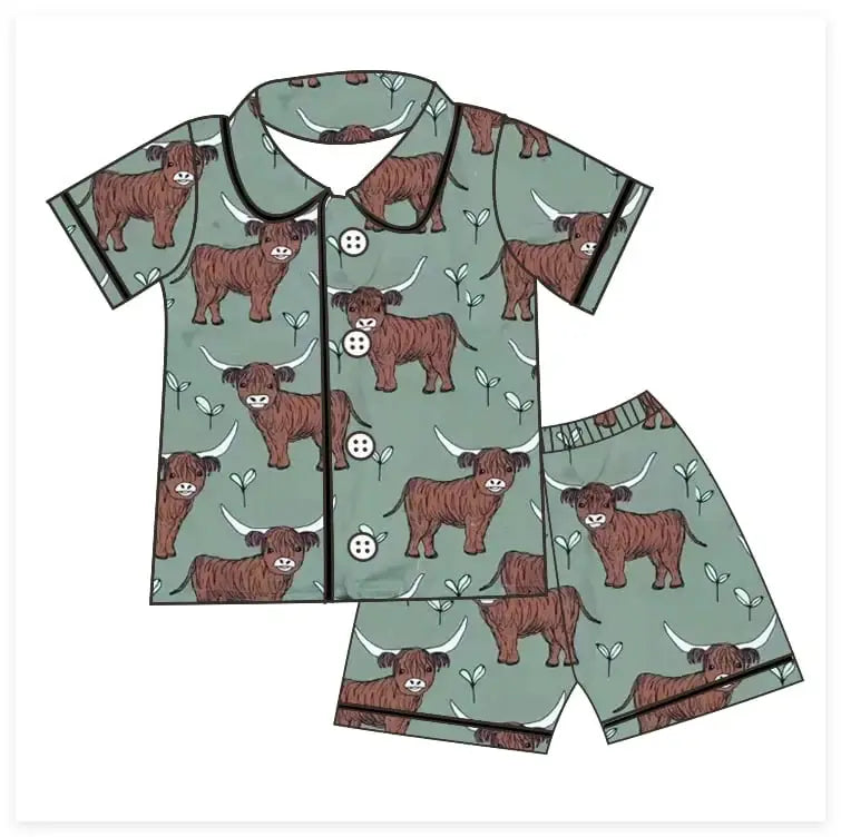 Green Highland Cow 2 Piece Shorts Lounge Set