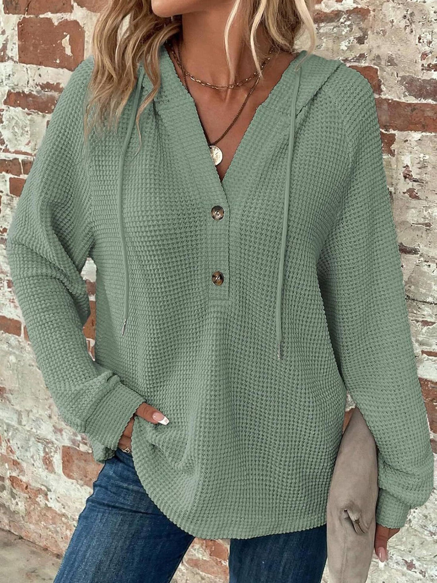 Gray Waffle Knit Drawstring V-neck Hoodie