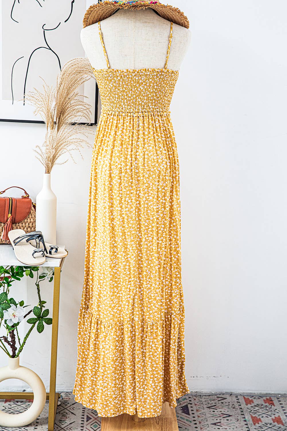 Yellow Boho Smocked Floral Maxi Dress