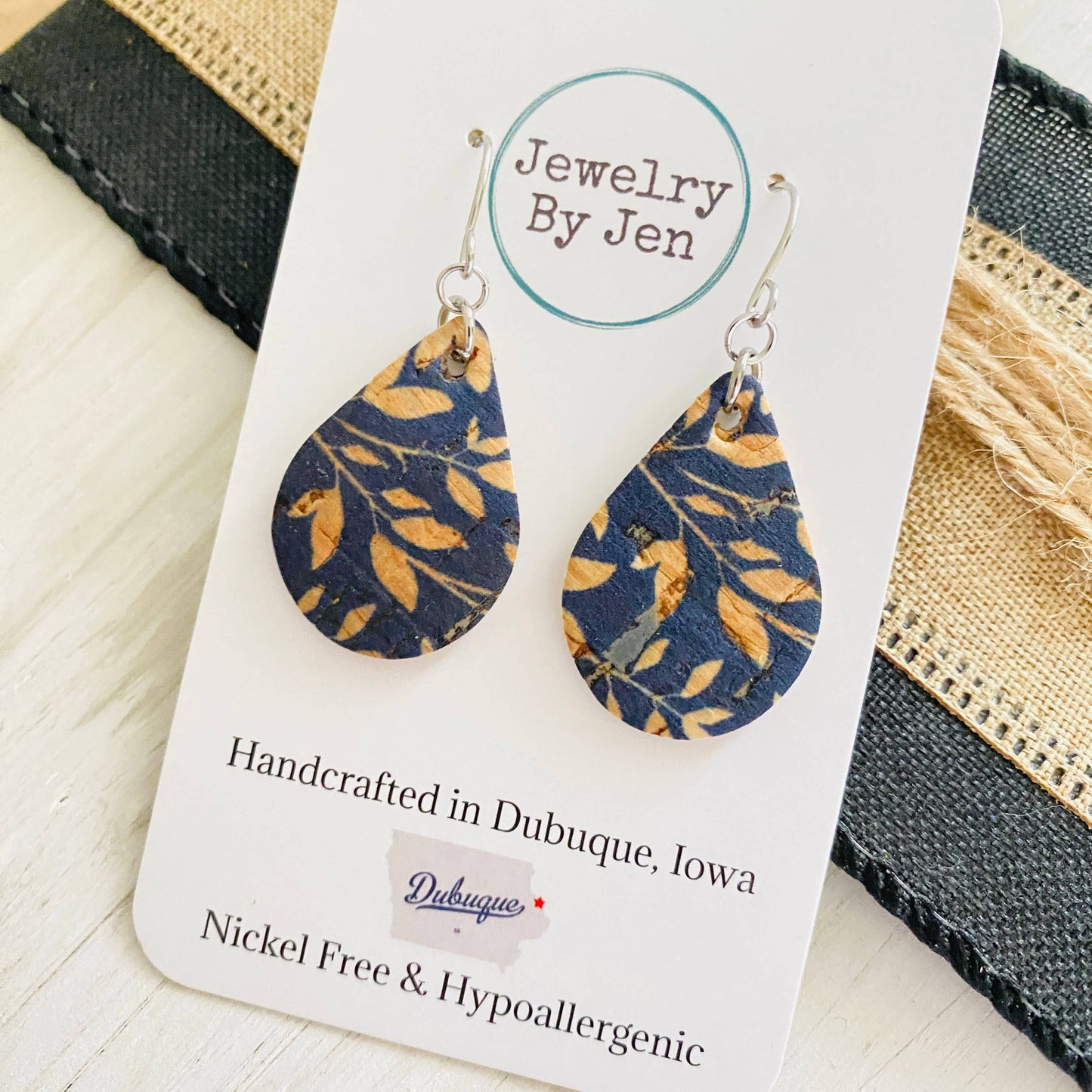 Navy Willow Cork teardrop earrings