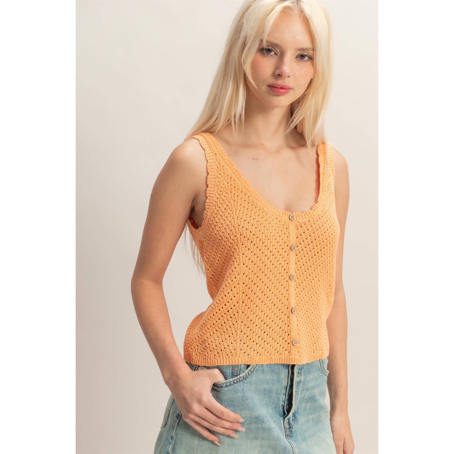 Open Knit Scallop Edge Button Front Tank Top