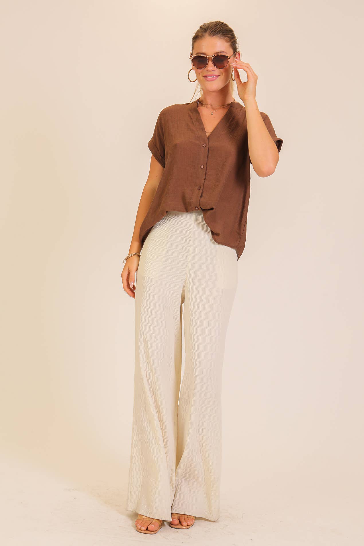 Burnt orange-Textured Gauze Button-Front Blouse