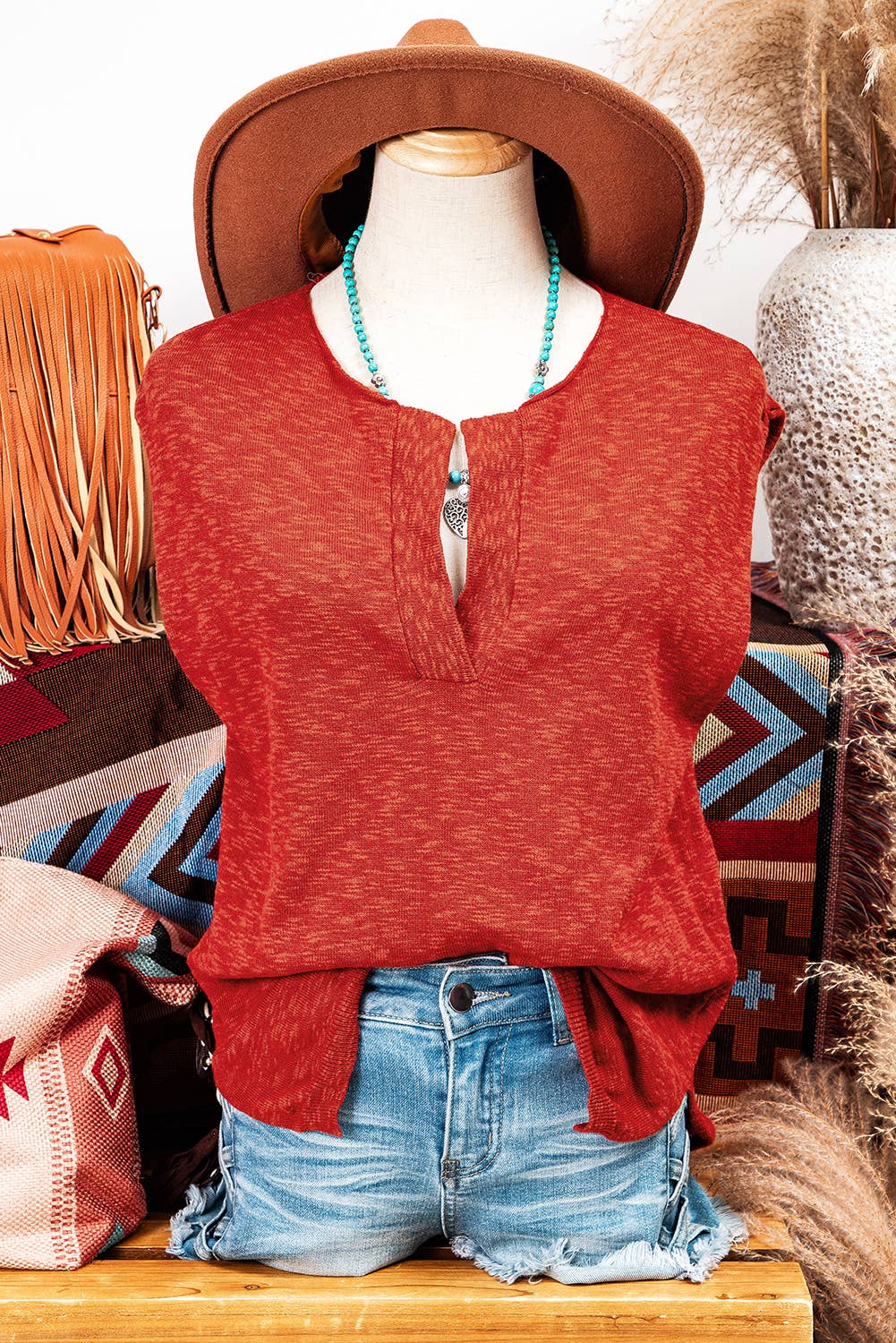 Orange Split V Neck Short Sleeve top