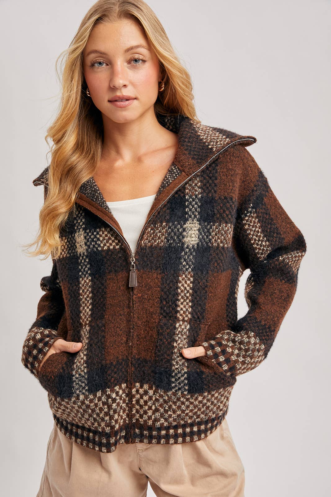 Plaid fuzzy knit sweater jacket