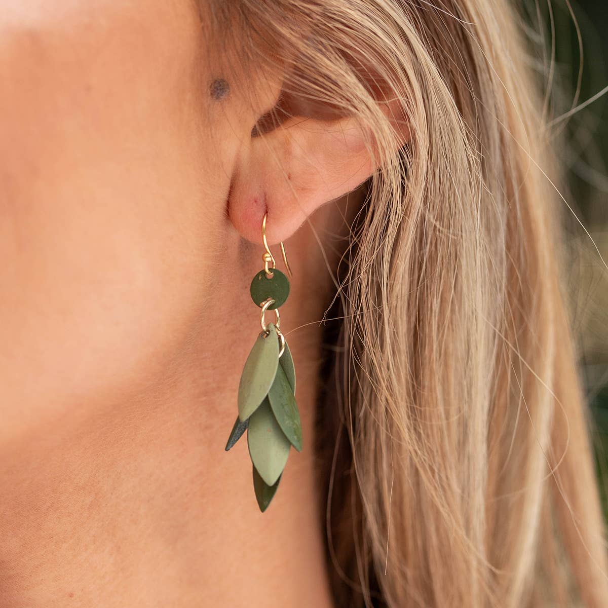 Brass Patina Earrings - Green Layered Leaves