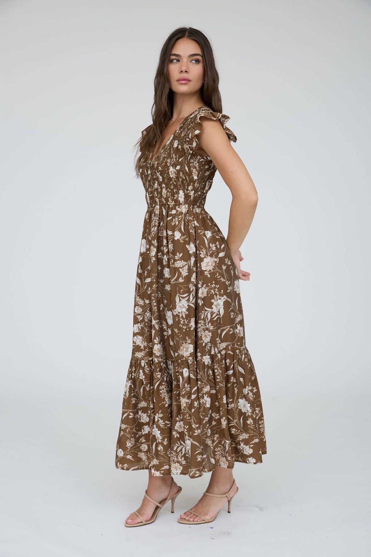 Floral smocked button-down midi dress
