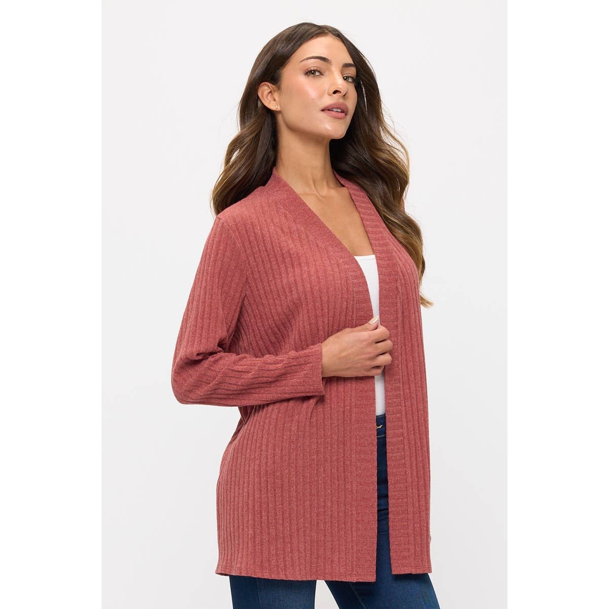 Mauve rib knit open cardigan