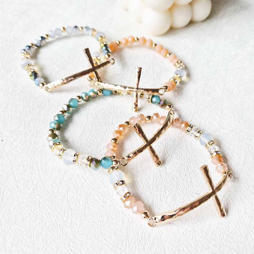 Hammered Cross Bead Stretch Bracelet