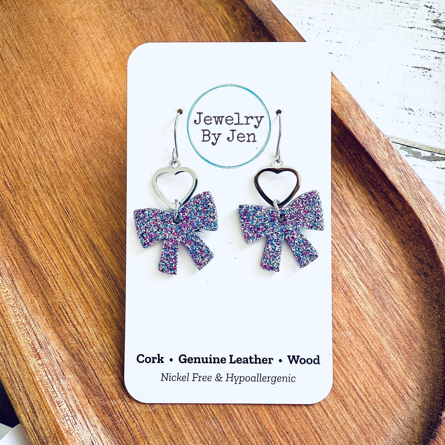 Bow w/Heart Charm Earrings: Aurora Purple Fine Glitter