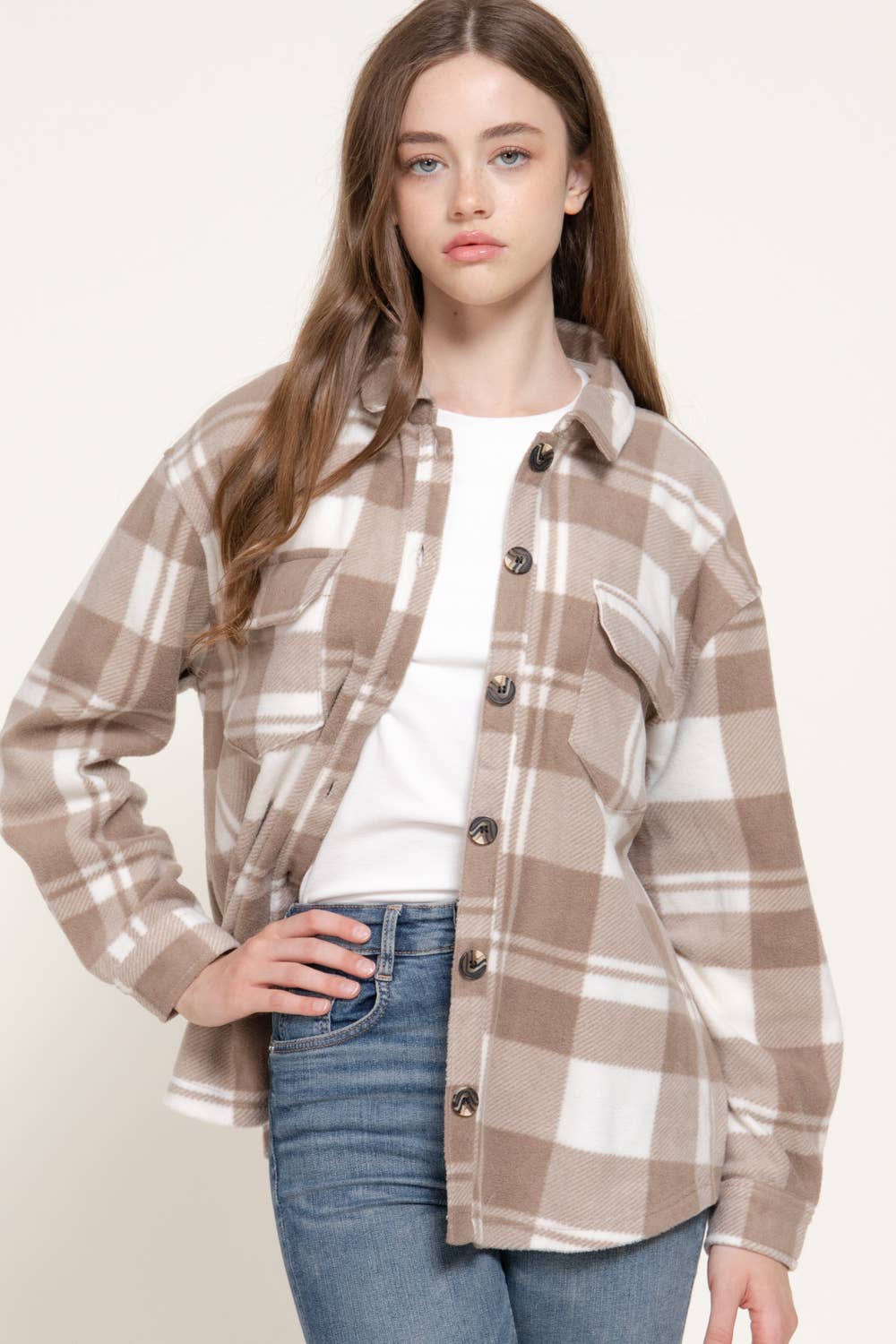 Long Sleeve Check Printed Fleece Shacket