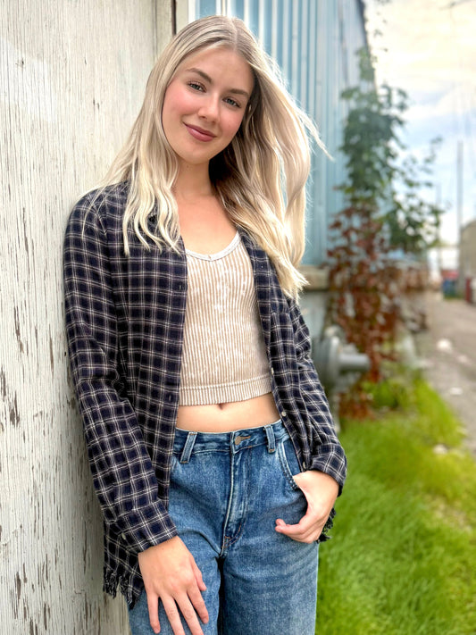 Raw edge plaid button down top