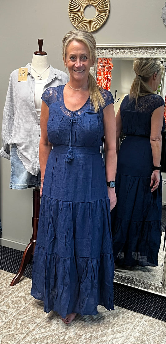 Navy lace smocked waist maxi dress