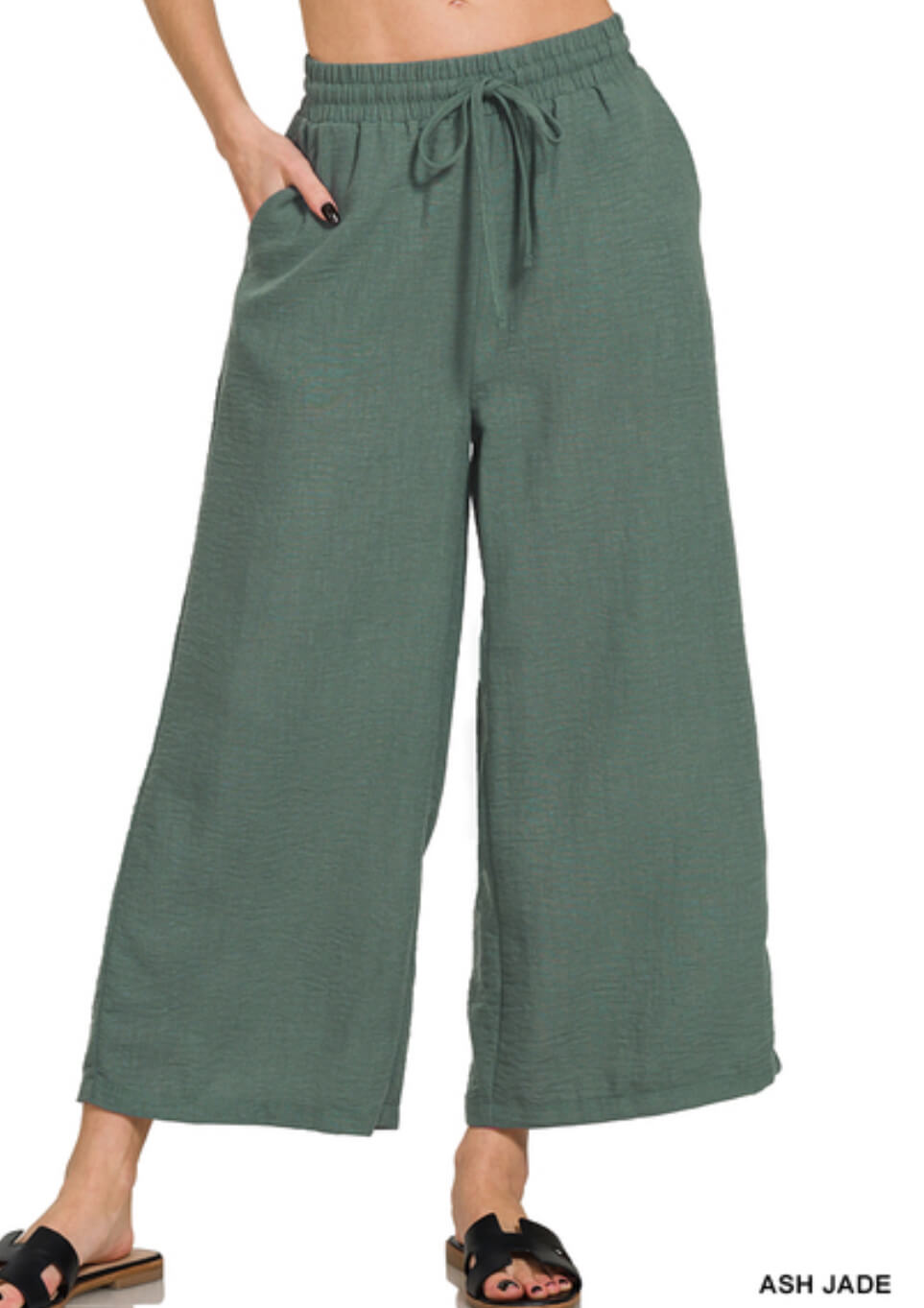 Drawstring waist wide leg pants