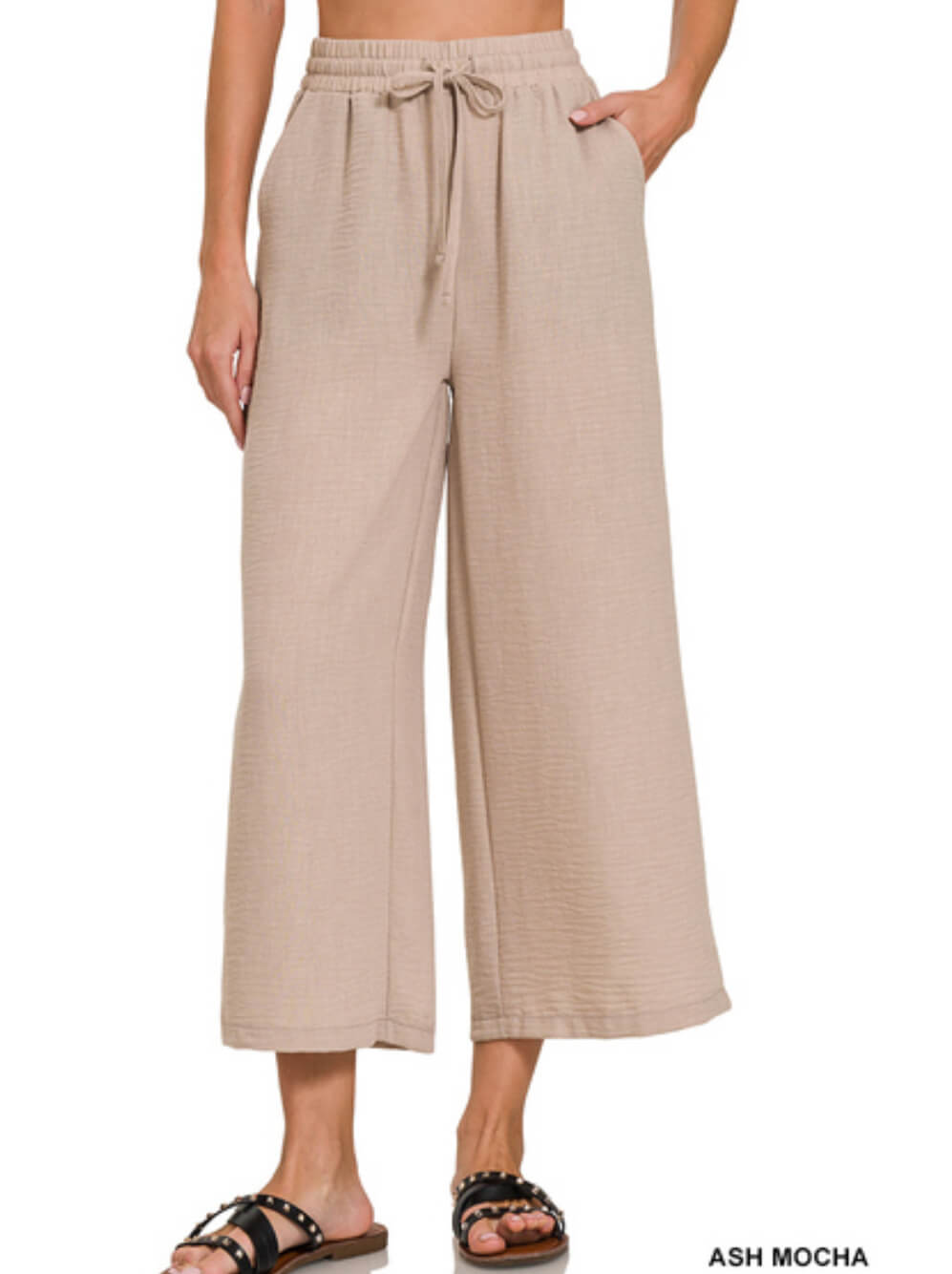 Drawstring waist wide leg pants