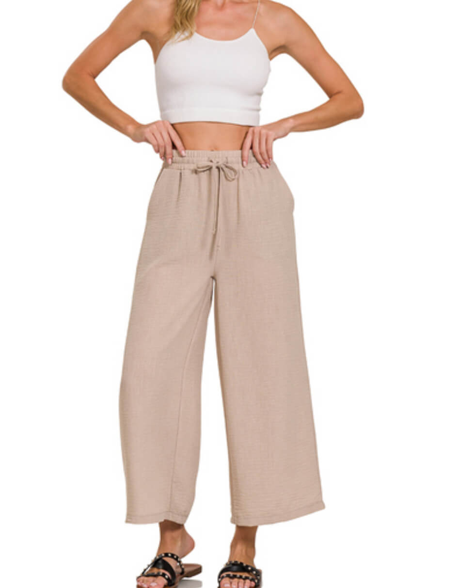 Drawstring waist wide leg pants