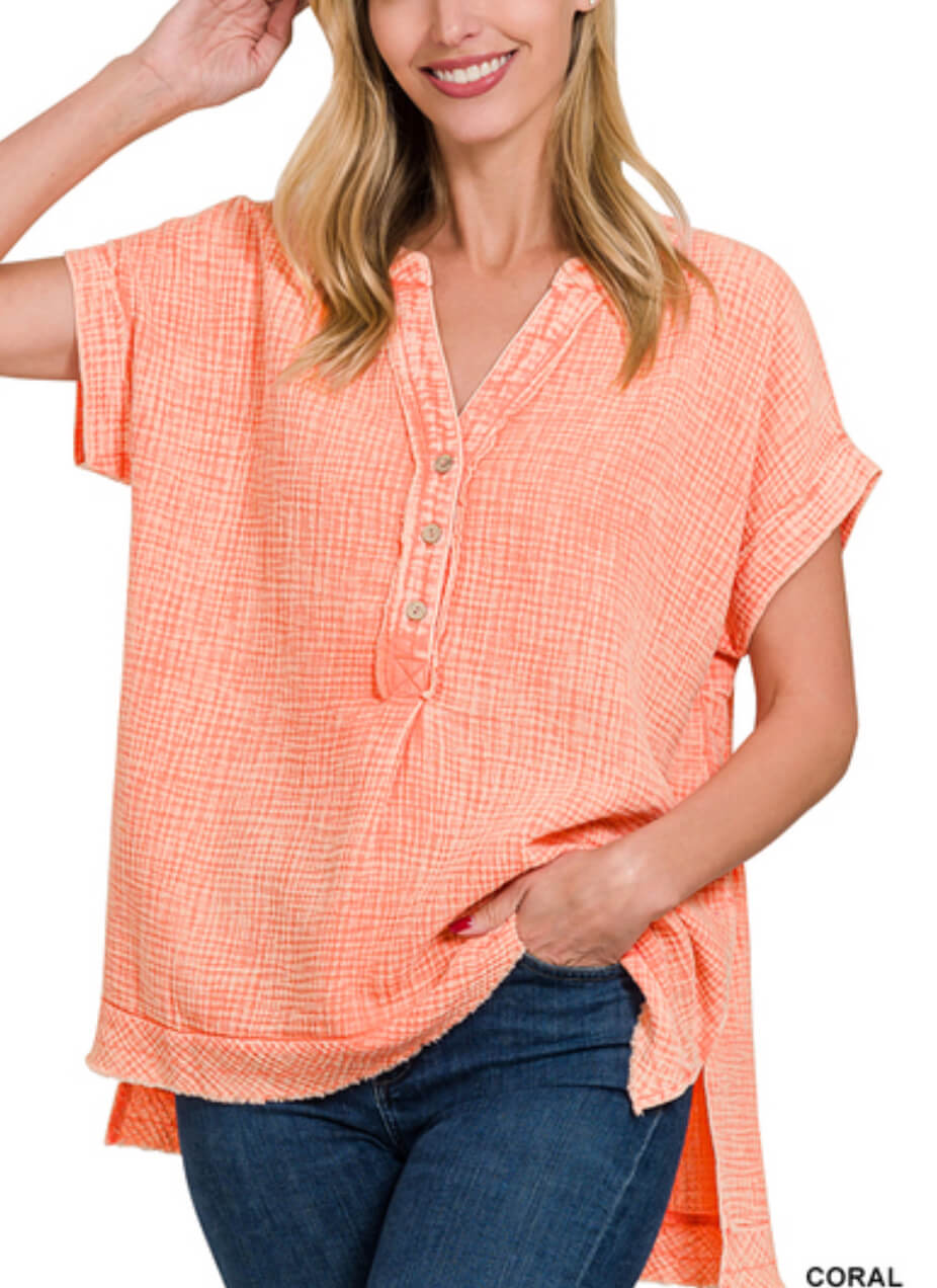 Coral gauze 3/4 button top