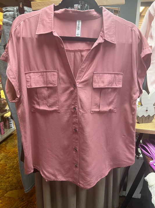 Collared rolled cuff button down top