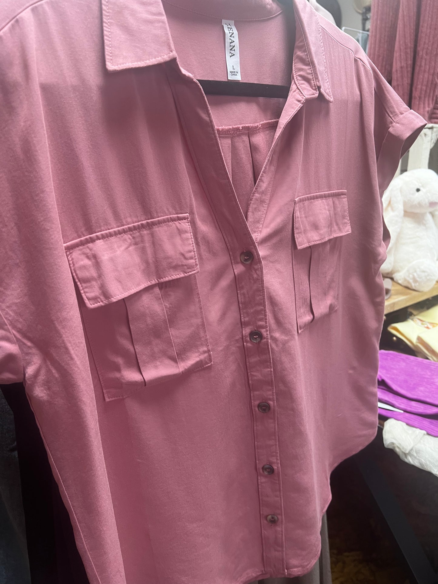 Collared rolled cuff button down top