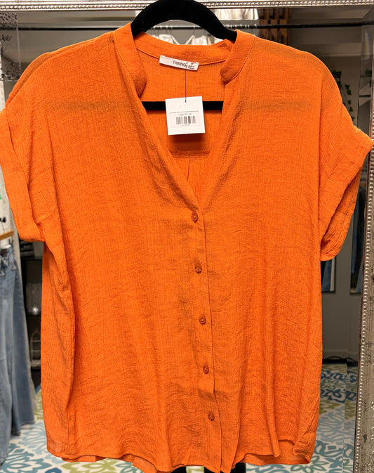Burnt orange-Textured Gauze Button-Front Blouse