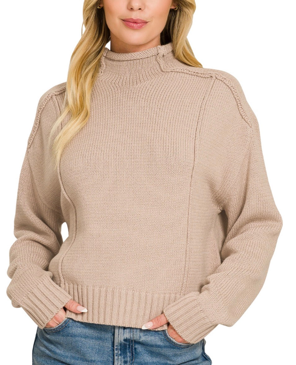 Ash mocha mock neck exposed seam sweater