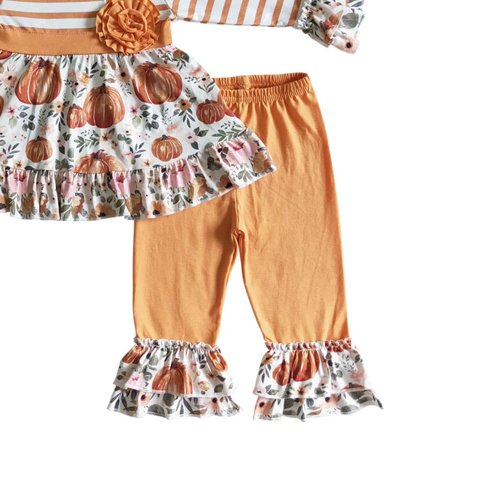 Baby girls fall orange pumpkin stripe pants sets