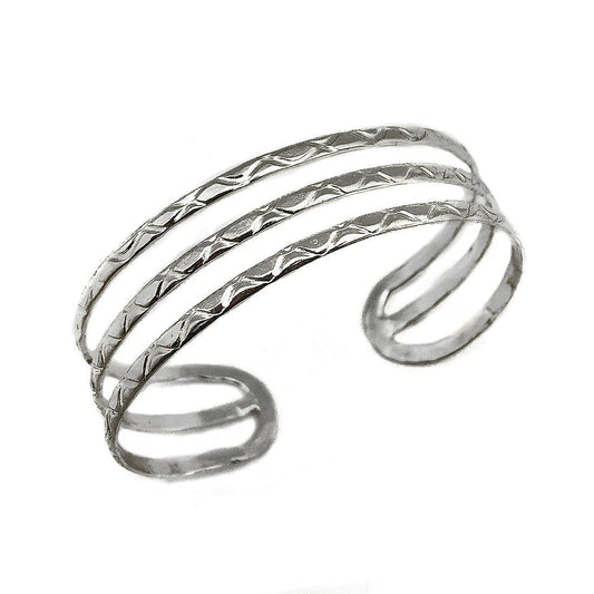 Silver Plated Adjustable Cuff Bracelet - 3 Textured Bands