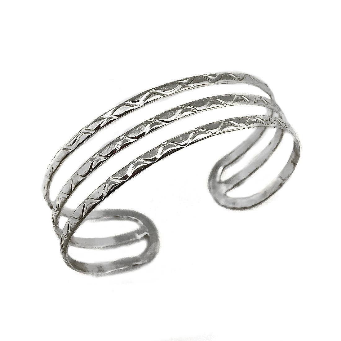 Silver Plated Adjustable Cuff Bracelet - 3 Textured Bands