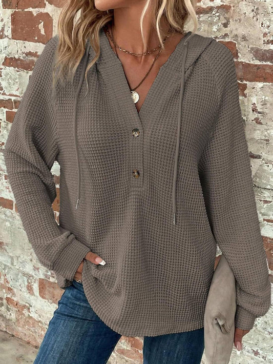 Gray Waffle Knit Drawstring V-neck Hoodie