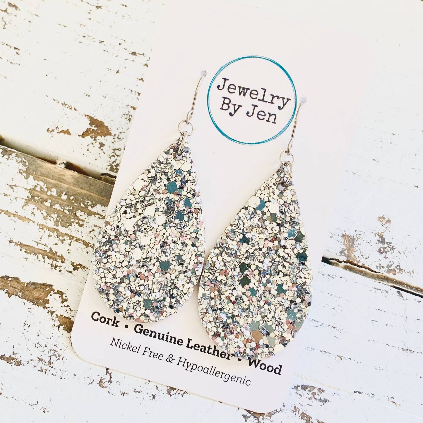 Medium Teardrop Earrings: Chunky Silver Glitter