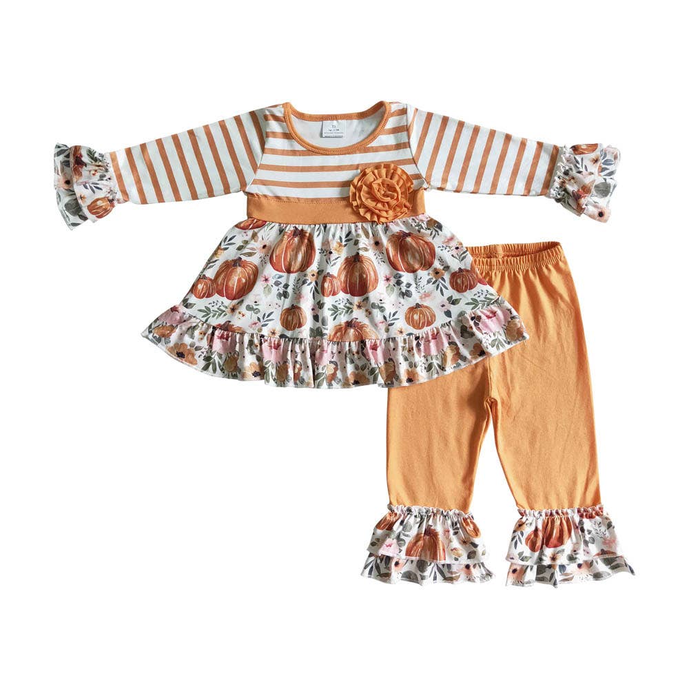 Baby girls fall orange pumpkin stripe pants sets