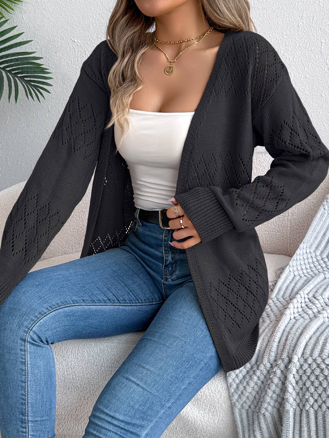 Black Open Front Pointelle Knit Cardigan Top