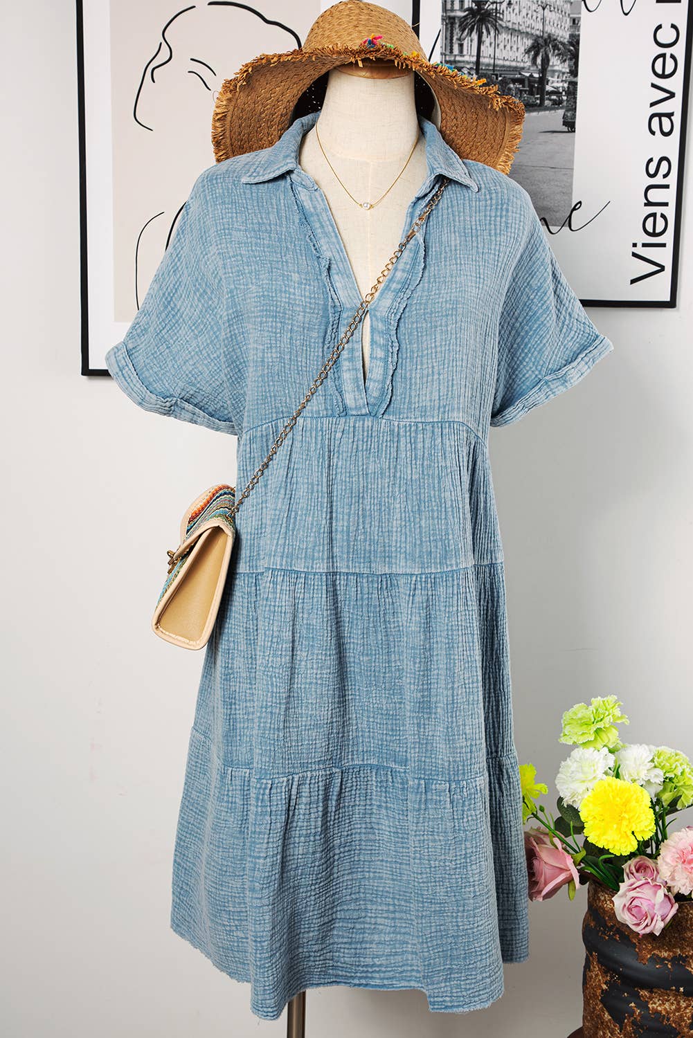 Mineral Wash Raw Hem Tiered Dress