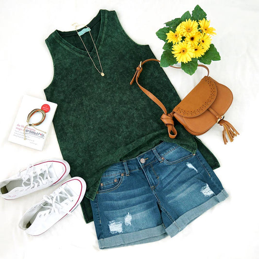 Army green Washed V-neck Tank Top