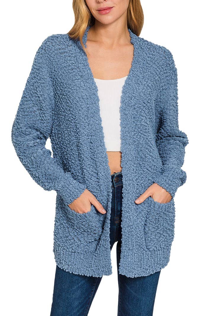 Dusty blue Popcorn Sweater Cardigan w/Pockets