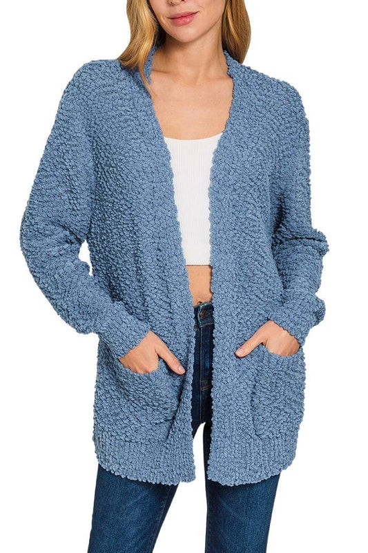 Dusty blue Popcorn Sweater Cardigan w/Pockets